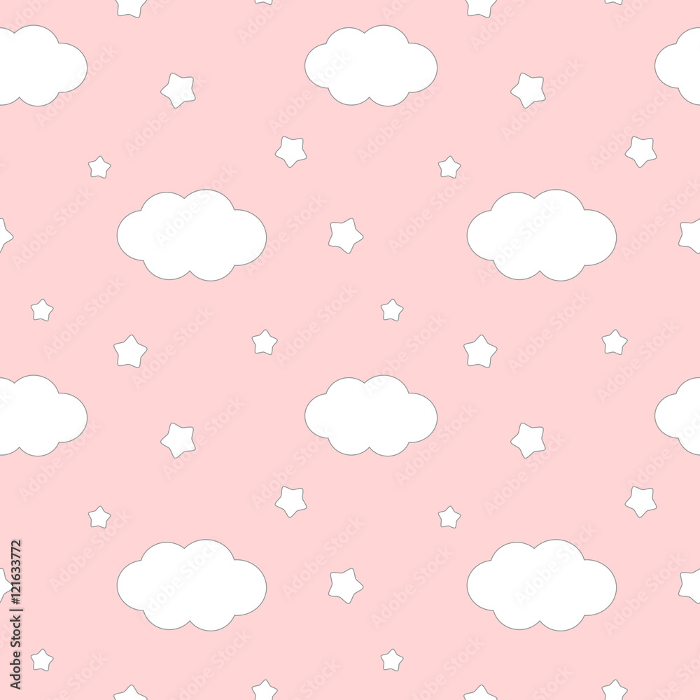 cute lovely white cloud and stars on pink background seamless vector pattern illustration

