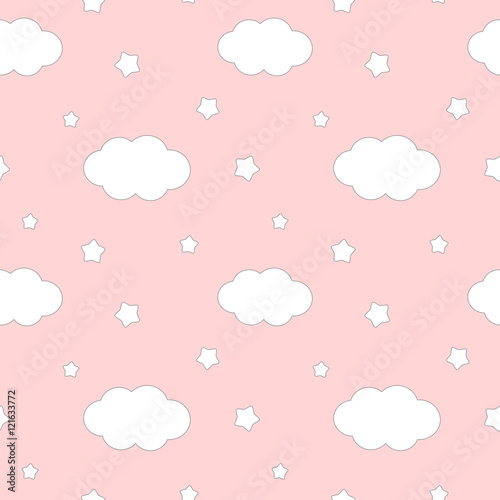 cute lovely white cloud and stars on pink background seamless vector pattern illustration