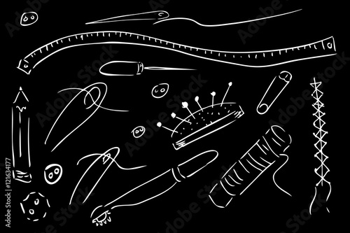 Hand Draw Sketch of Sewing Stuff  white at black background
