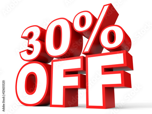 Discount 30 percent off. 3D illustration on white background.