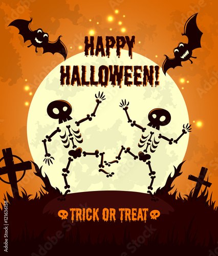 Halloween night background with full moon, cute dancing skeletons and bats. Halloween vector illustration for greeting card, poster, wallpaper or flyer design.