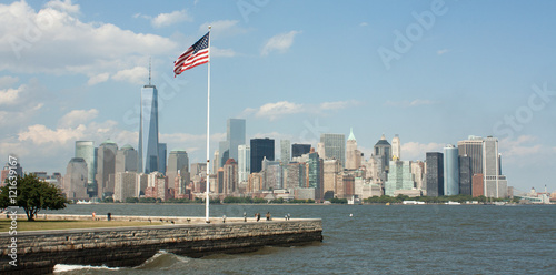Manhattan Skyline with US flag