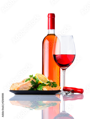 Cooked Fish with Bottle and Glass Rose Wine on White Background