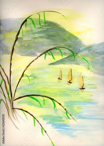 watercolour painting of oriental fishing boats and coastline