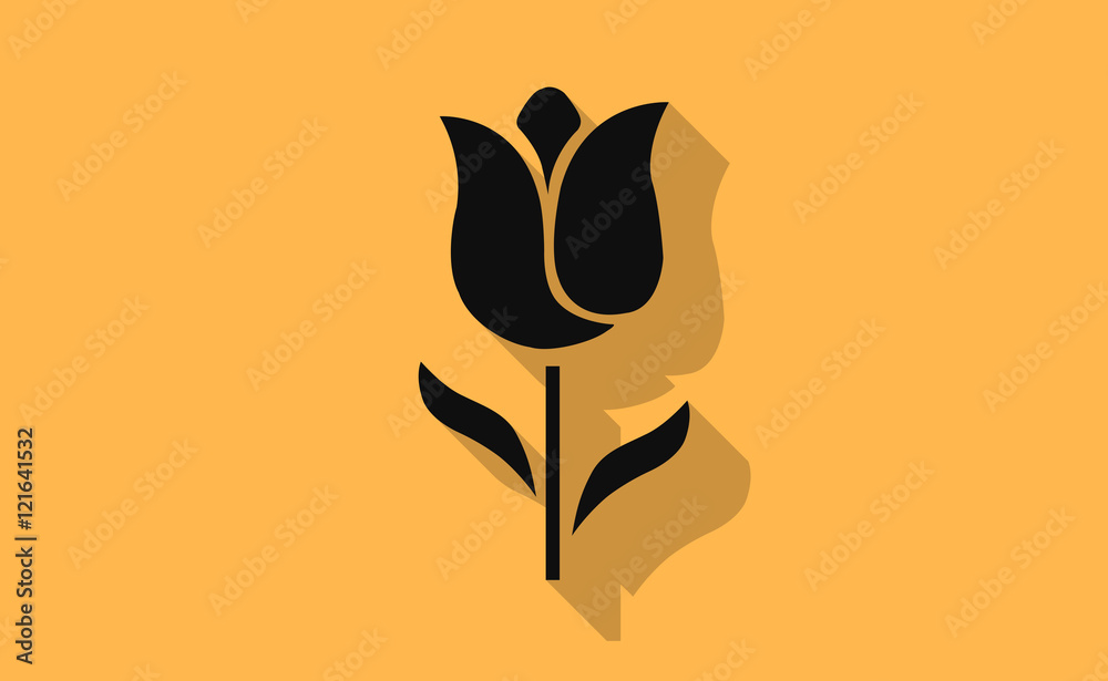 Vector black tulip flower with long shadow on flat background