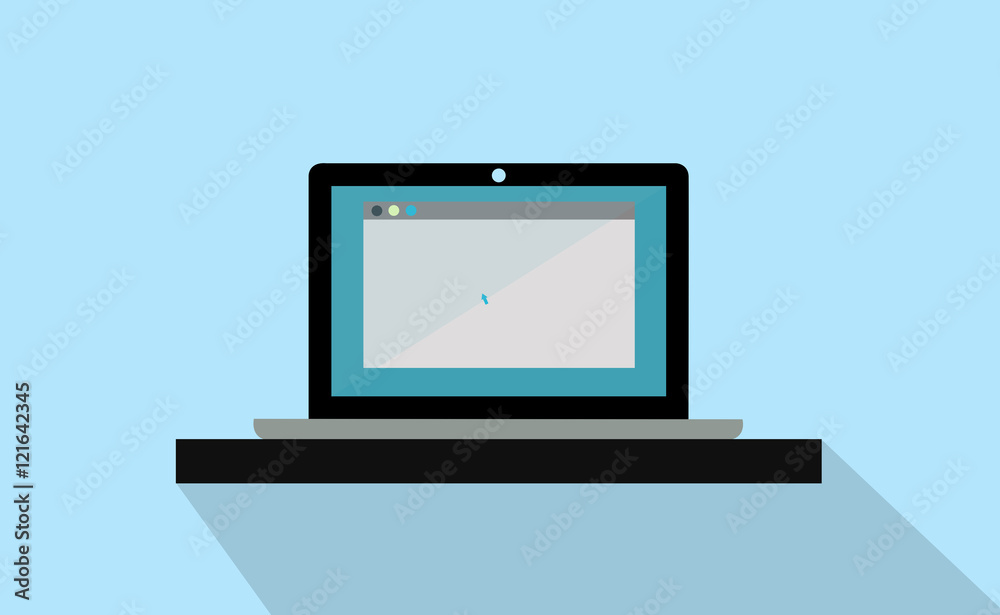 Vector front view laptop on table with long shadow on flat background Vector front view laptop on table with long shadow on flat background