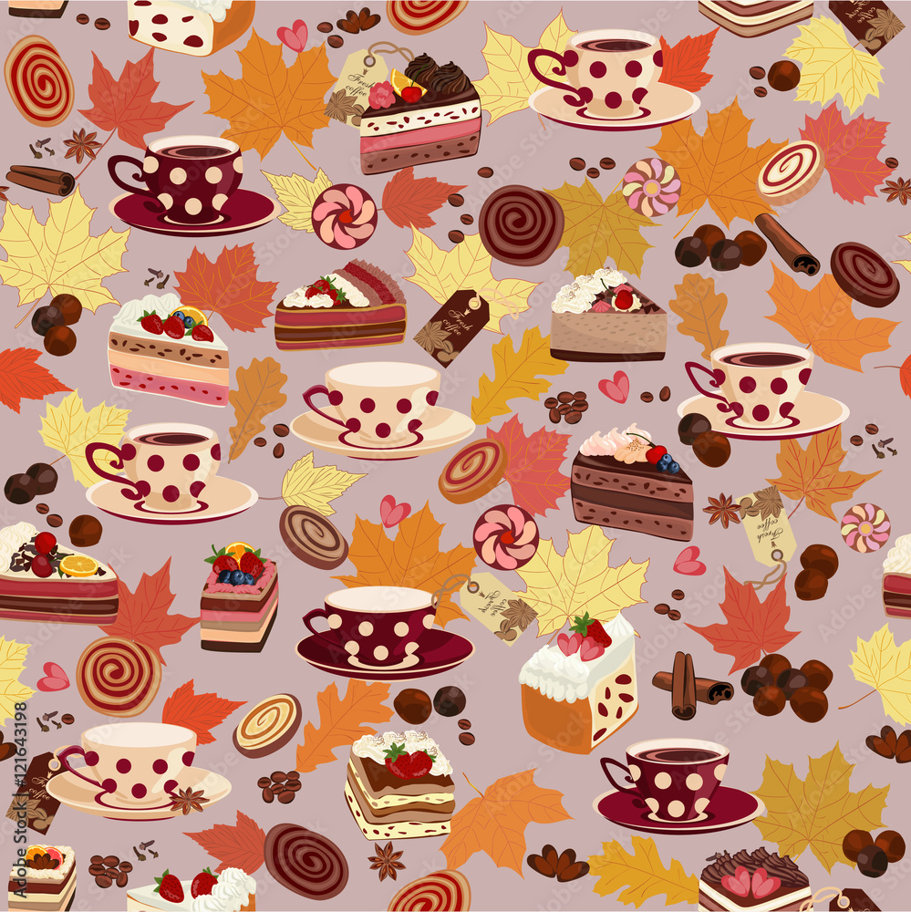 Seamless pattern with cups, candy, and autumn leaves. Seamless pattern with cups, candy, and autumn leaves.