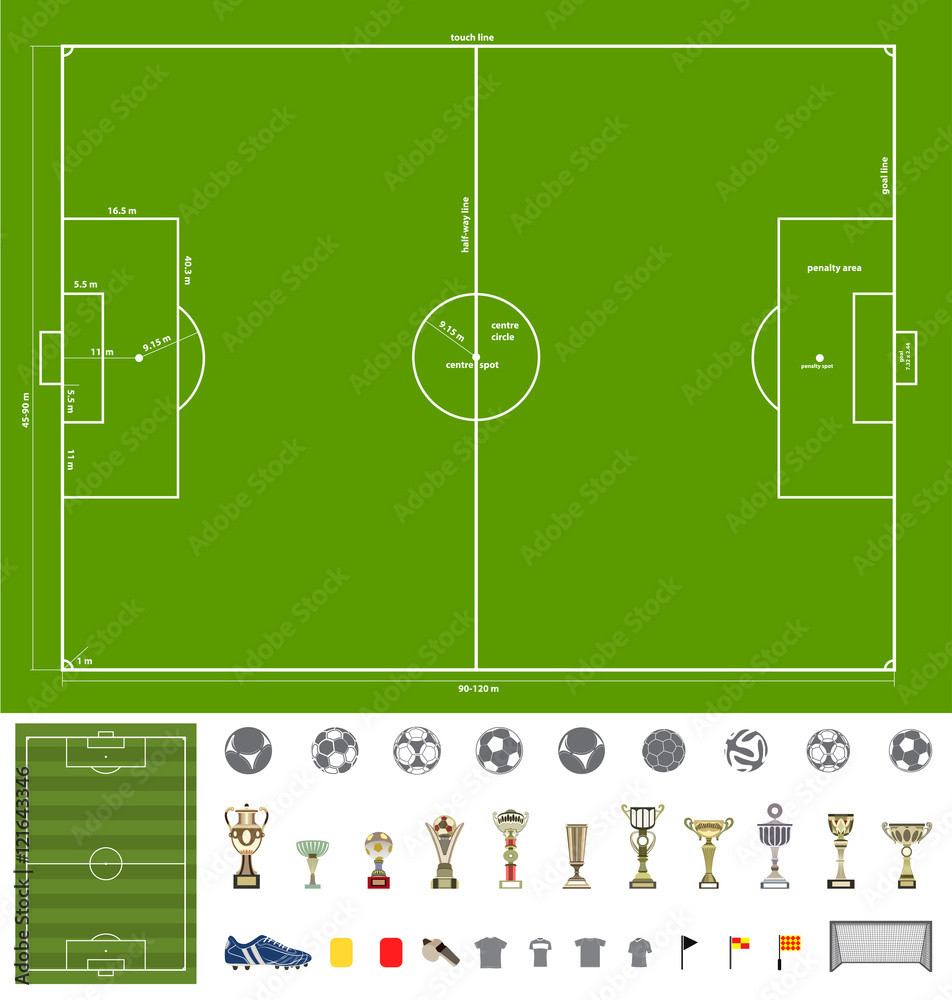 football(soccer) field and stuff icons collection(balls, trophy cups, jerseys, flags and other)