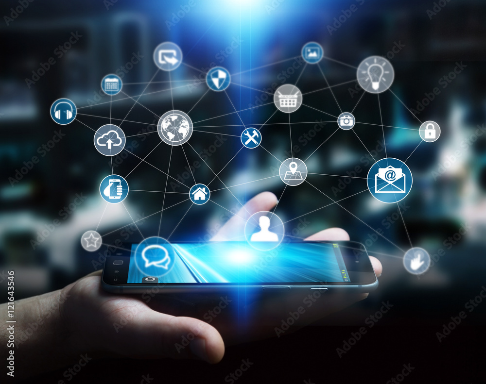 Businessman holding multimedia network 3D rendering Businessman holding multimedia network 3D rendering