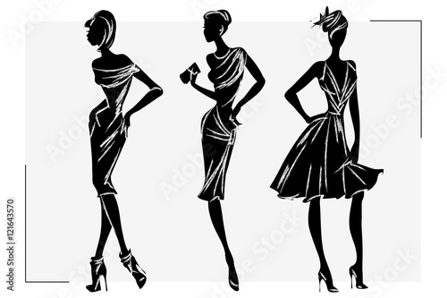 Black and white retro fashion woman model. Hand drawn vector