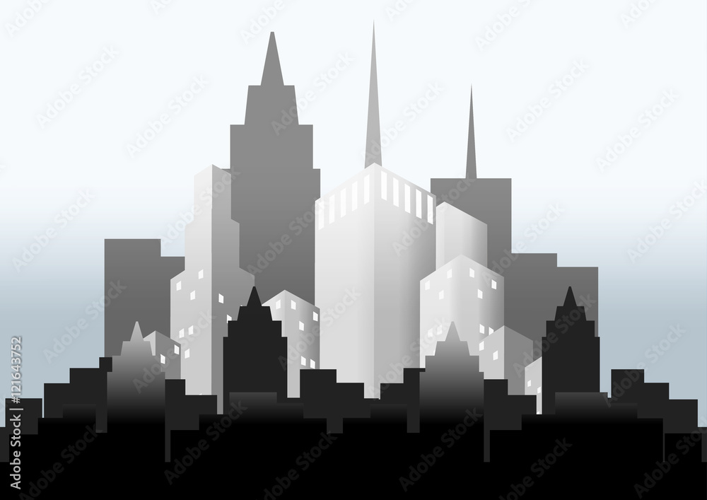 vector silhouette of city in the mist