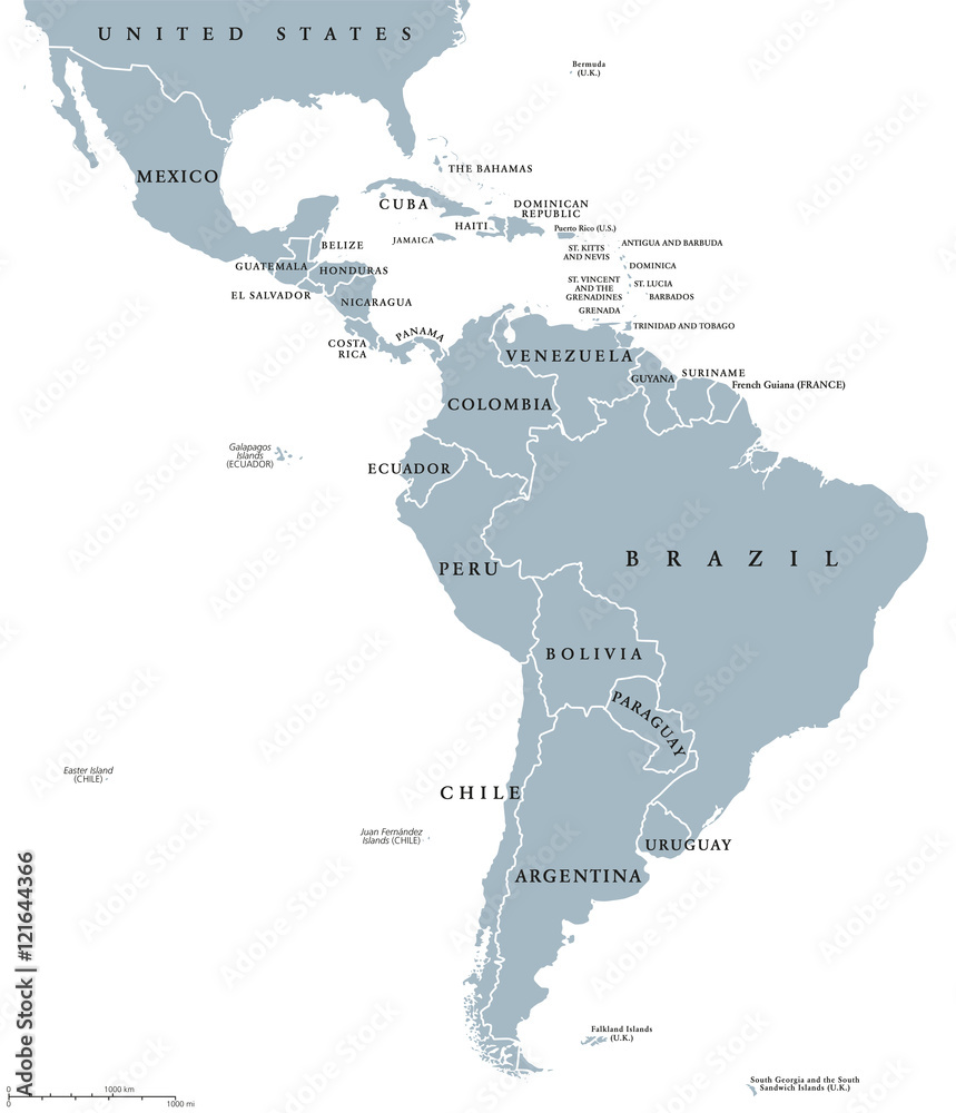 Latin America countries political map with national borders. Countries from the northern border of Mexico to the southern tip of South America, including the Caribbean. English labeling. Illustration.