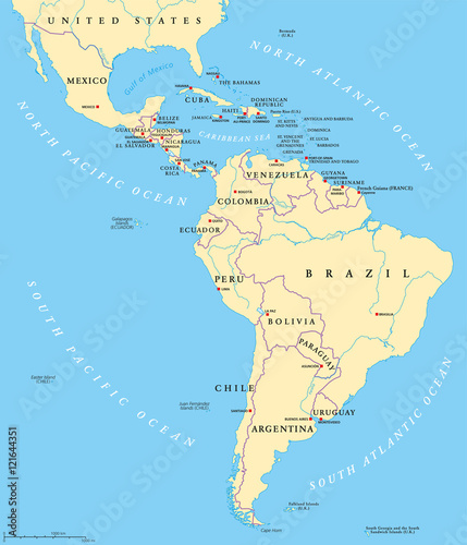 Latin America political map with capitals, national borders, rivers and lakes. Countries from northern border of Mexico to southern tip of South America, including the Caribbean. English labeling.
