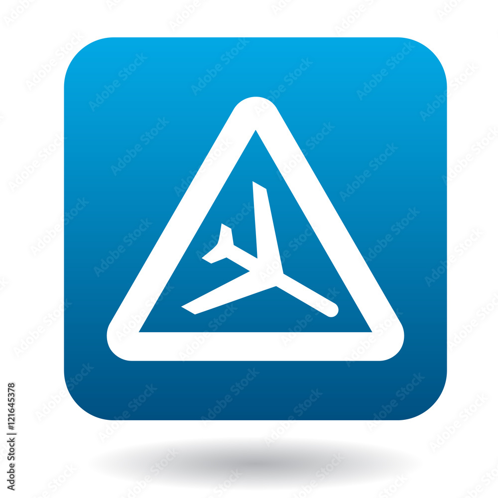 Sign airport icon in simple style in blue square. Rules of the road symbol Sign airport icon in simple style in blue square. Rules of the road symbol