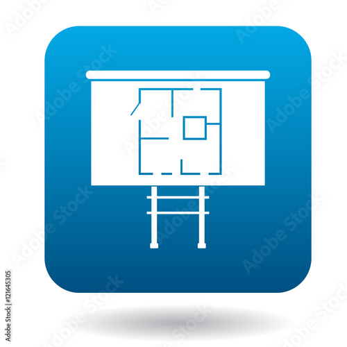 House on stilts icon in simple style in blue square. Construction symbol