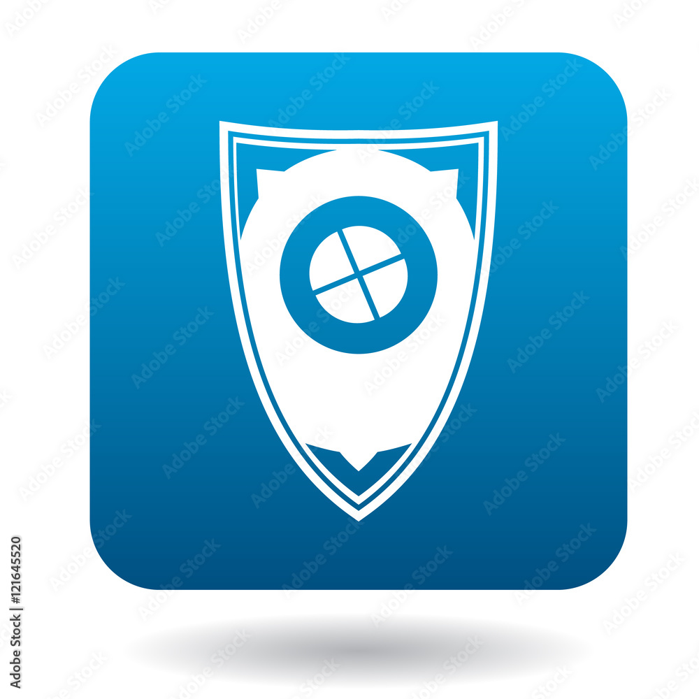 Protective shield icon in simple style in blue square. Weapon for combat symbol Protective shield icon in simple style in blue square. Weapon for combat symbol