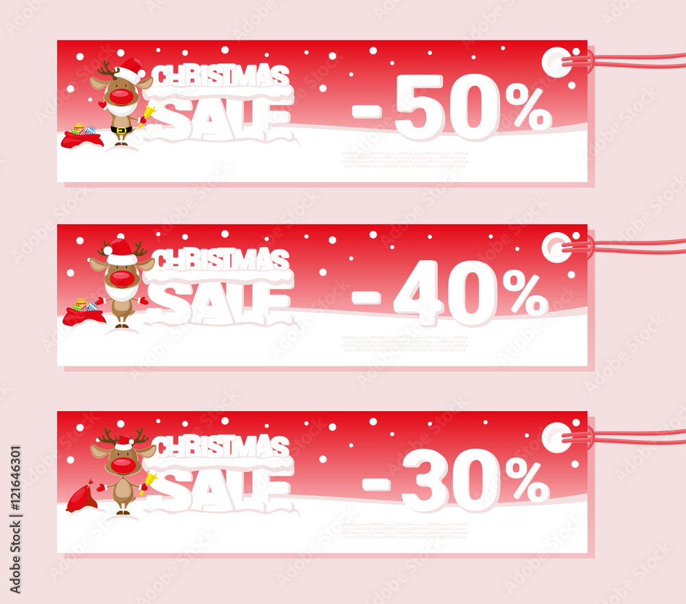 Banner Christmas sale with Santa Deer and text from big letters on snow. Cartoon style. Vector illustration