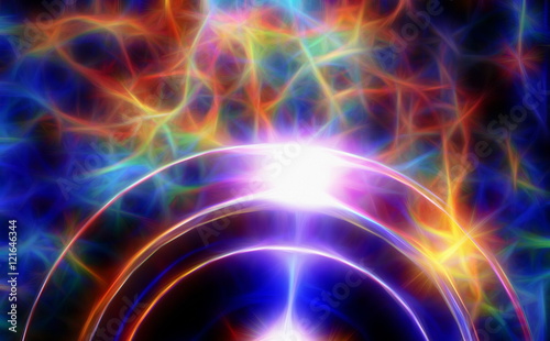 Audio music Speaker and fractal effect with note. Cosmic space and stars, blue cosmic abstract background.