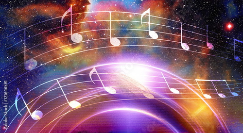 music note and  Space with stars. abstract color background. Music concept.