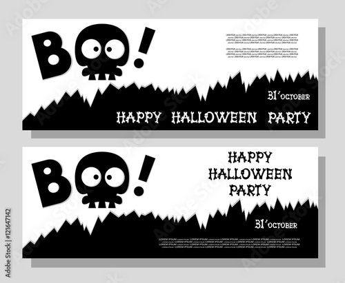 Funny holiday banner: title Boo from skull skeleton and Happy Halloween from bones letters. Vector illustration in cartoon style. Concept design poster, flyer or ticket on party.