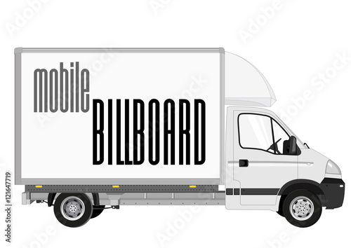 Blank mobile billboard template isolated on white background. White Truck with solid and flat color design.