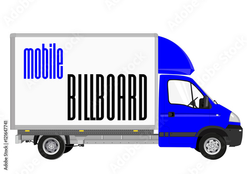 Blank mobile billboard template isolated on white background. Blue Truck with solid and flat color design.