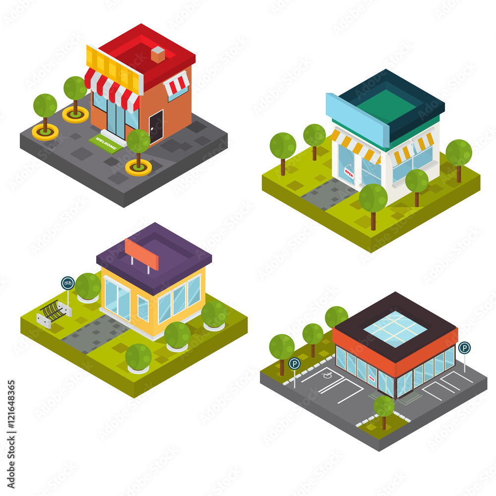 Isometric color stores illustrations set. Modern isometric concept