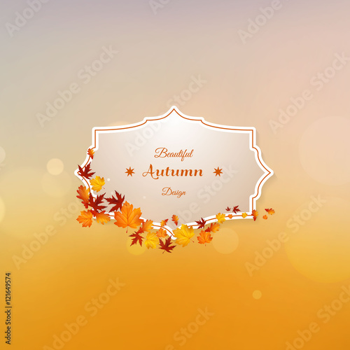 Vector set of colorful autumn leaves with label design. Autumn vector design and bokeh background.

