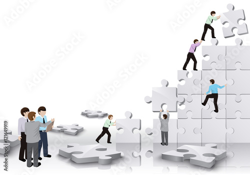 Business People Team Build A Puzzle - Isolated On White Background. Graphic Design Vector Illustration. For Web, Websites, Print Material