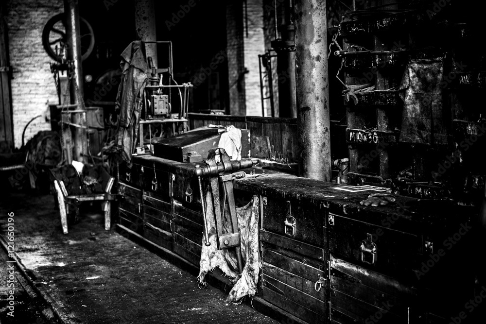 Old workshop interior black and white