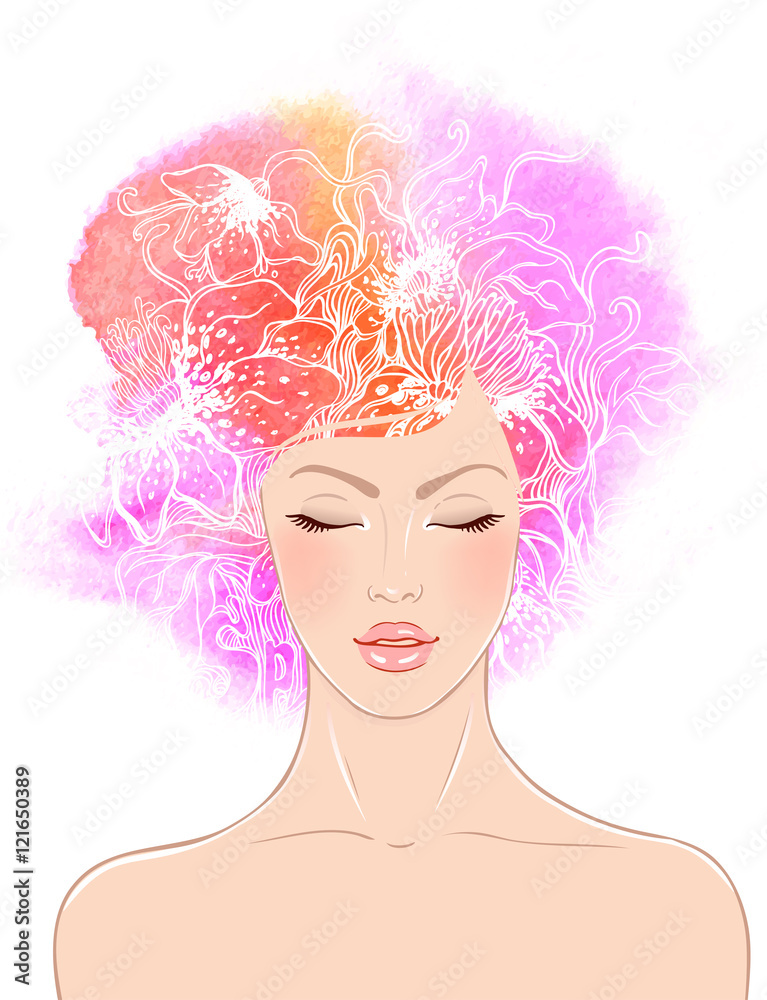 Vector portrait of a young beautiful girl with abstract watercol Vector portrait of a young beautiful girl with abstract watercol