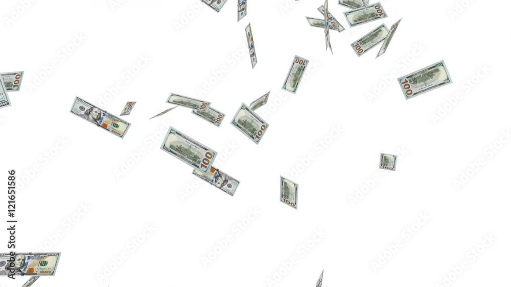 New One Hundred Dollar Bills Falling / Raining Down on White Background ...