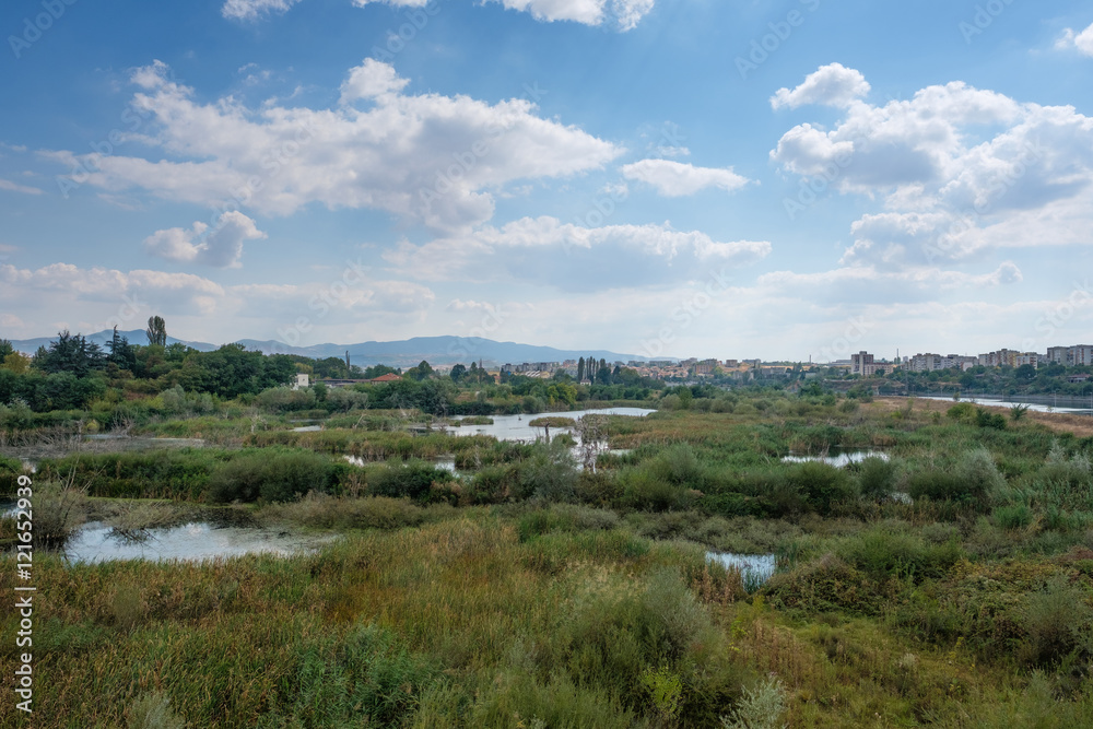 Fototapeta premium Swampland with Kardzhali, Bulgaria in the background