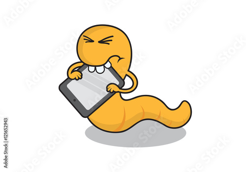 Bookworm eats a ebook reader icon vector. Funny Bookworm with digital medium cartoon character. Humorous worm icon isolated on a white background