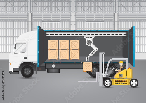Vector of factory interior and operator or worker to sort crate box into storage of cargo container by forklift, robotic hand for logistic, shipping, delivery. Freight transport distribution industry.
