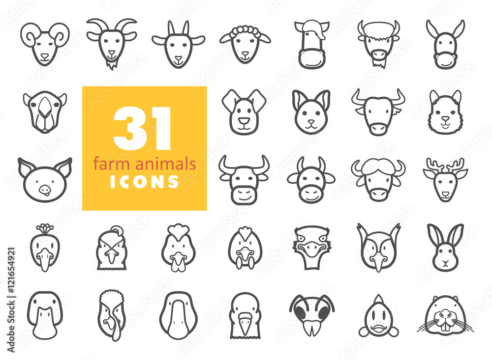 Farm animals outline icons set. Vector head