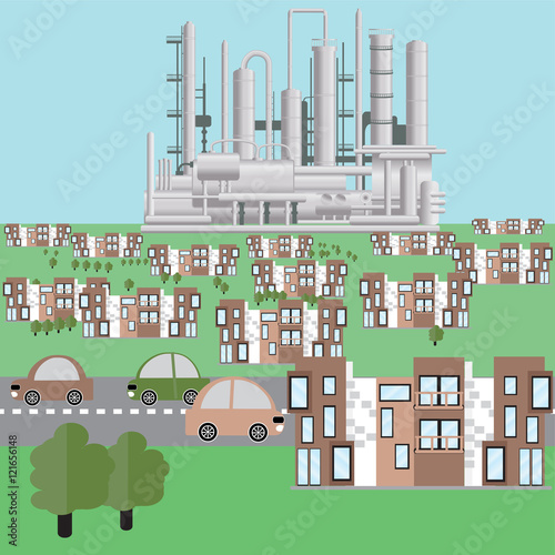 environmentally safe refinery in a city. Oil production plant, petrochemical plant, big oil refinery, manufacturing with metallic constructions. Ecology Concept - oil  plant. Flat style vector.