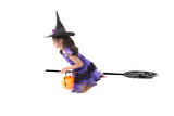 Little girl in halloween witch costume posing flying with broom isolate on white background
