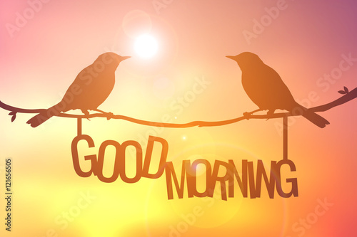 Fototapeta Silhouette bird and good morning word