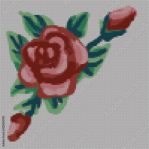 Embroidery, Vintage cross stitch Rose and flower bouquet, antiqu