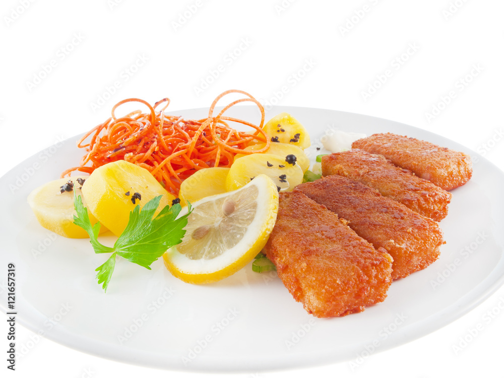 breaded tofu sticks with boiled potatoes, raw carrot balsamic salad and vegan mayonnaise