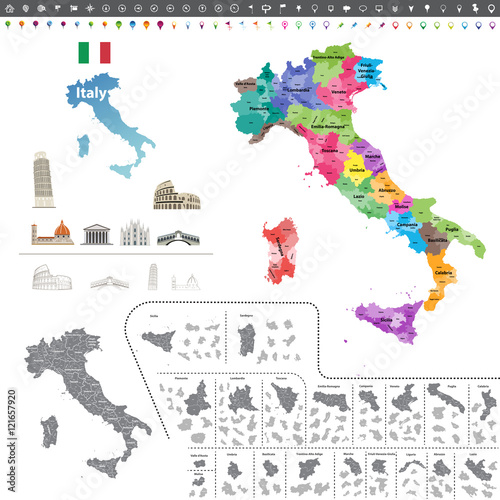 Italy vector map coloured by regions