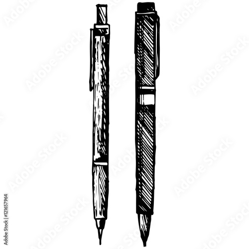 Pencil, pen and fountain pen icons. Vector illustration, doodle style