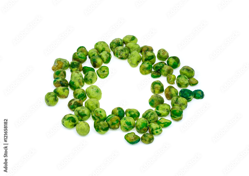 wasabi coated green peas is snack.Isolate
