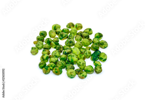 wasabi coated green peas is snack.Isolate