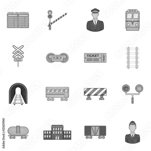 Railway icons set in black monochrome style. Rail transportation set collection vector illustration