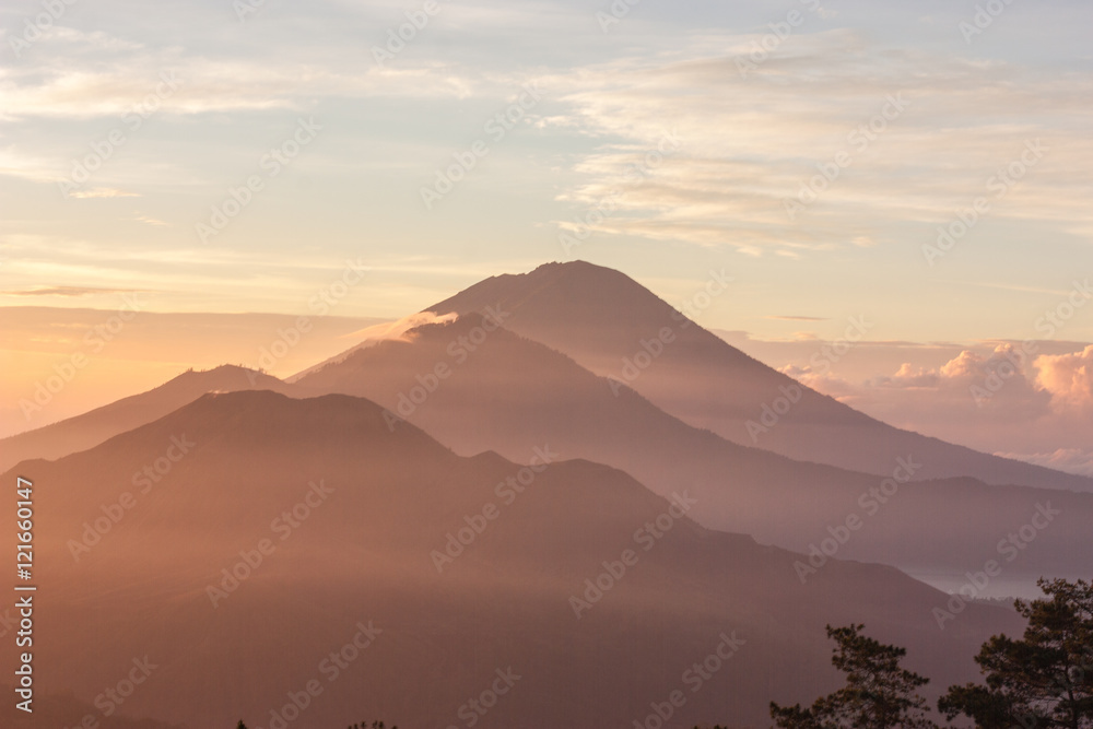 Trip to Volcano Agung on Bali island during sunrise. Beautiful view, landscape color photo.