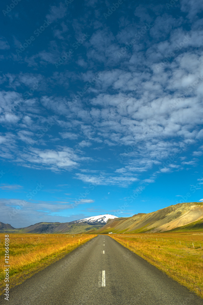 Isolated road and Icelandic colorful landscape at Iceland, summe