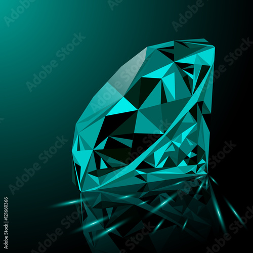 Realistic shining green emerald jewel with reflection, green glow and light sparks on gradient background. Colorful gemstone that can be used as part of logo, icon, web decor or other design.