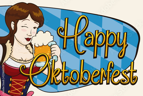 Happy Pretty Woman Celebrating Oktoberfest with a Stein, Vector Illustration